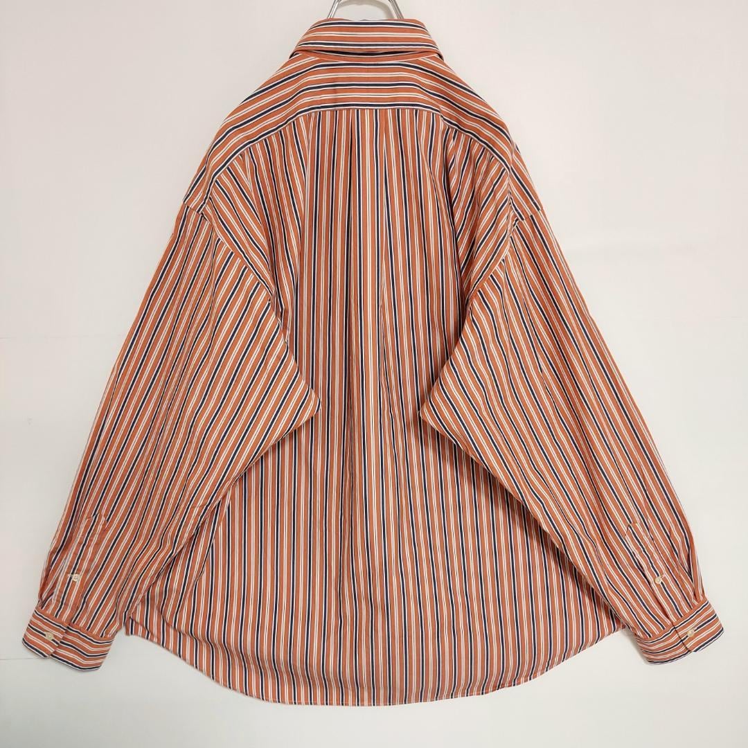 90s ラルフローレン ストライプシャツ XL オレンジ 白 紺 ポニー 刺繍 