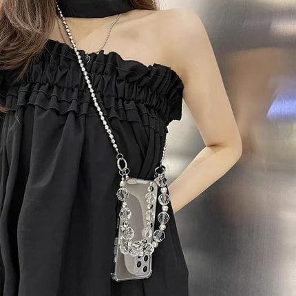 いま大人気！スマホショルダー◎ガラスビーズ シルバーチェーン ミラー