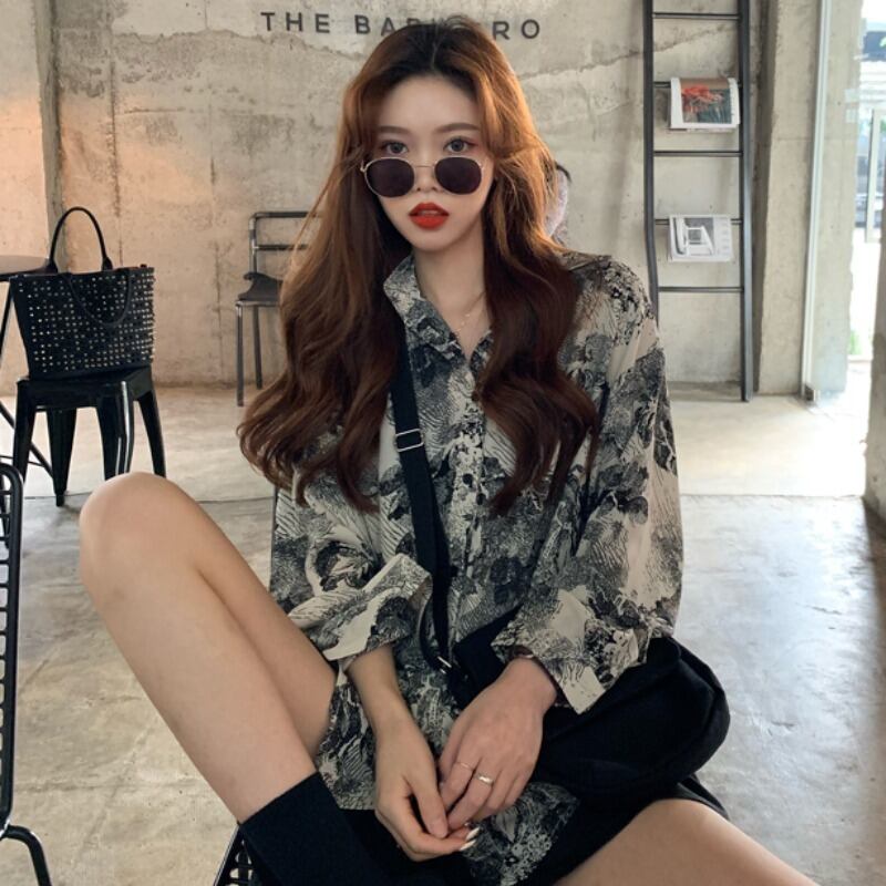 Flowerデザイン シャツ スタイルカジュアルスタンダードスプリングサマー薄手シフォンジャケット ロング レトロ 春物 夏物 フラワーデザイン YY-ファッション2476642762