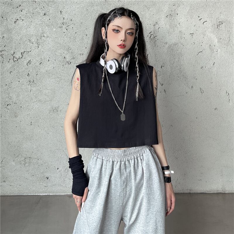 スタイルサマーカジュアルスタンダードルーズノースリーブトップス ブラック レトロ ストリート かわいい 夏物 ケッペル6070736875