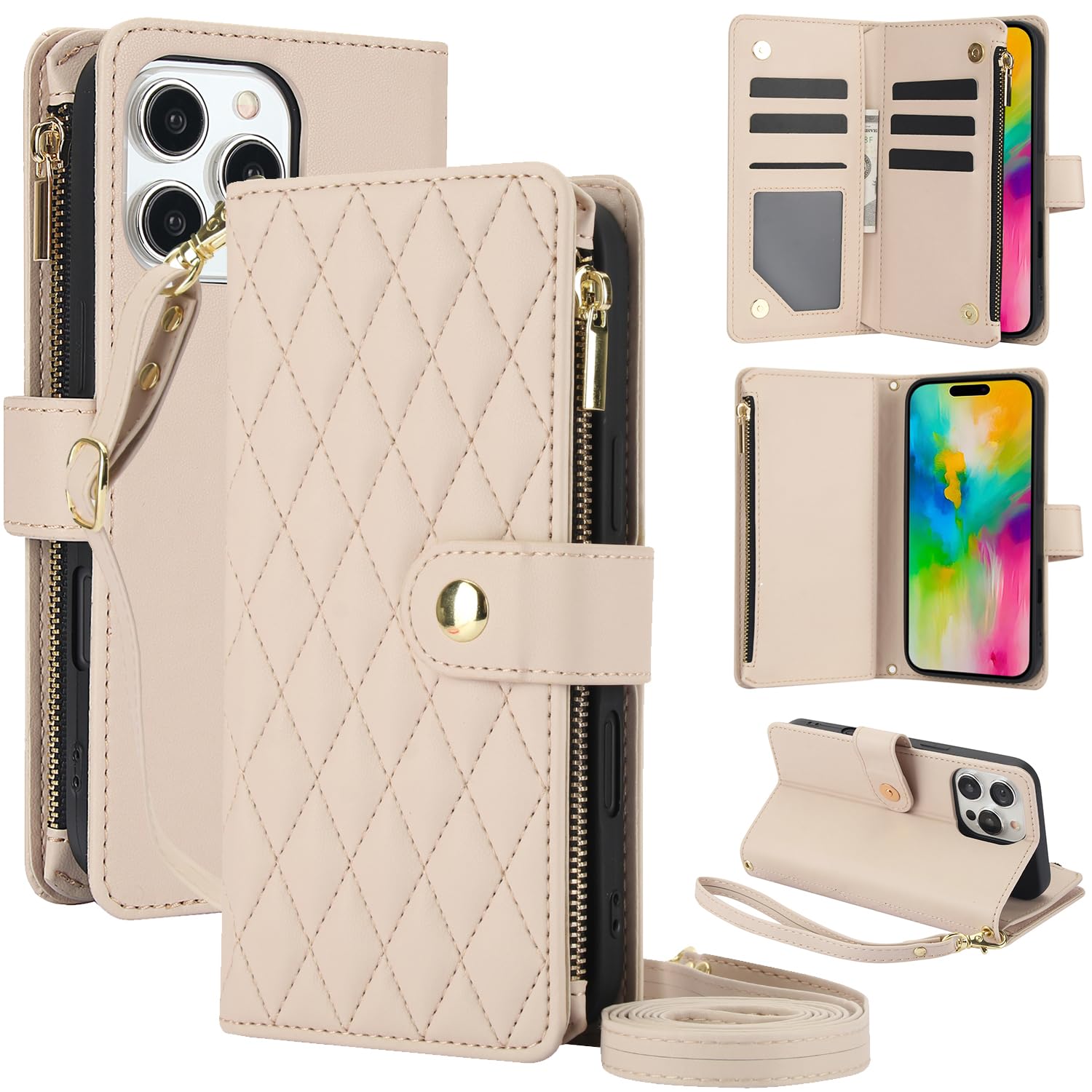 iPhone16 Pro Max ケース 手帳型 いphone16Promax ケース iPhone 16Promax 携帯カバー ショルダー 肩掛け 斜め掛け 刺繍 あいふぉん16 Pro Maxケース 肩縄付き 調節可能な 斜めかけ ストラップ付き 女性 TOO&SOO アイフォン16プロマックス カバー 持ちやすく、片付けやすい 小銭入れ カード収納 スタンド機能 アプリコット