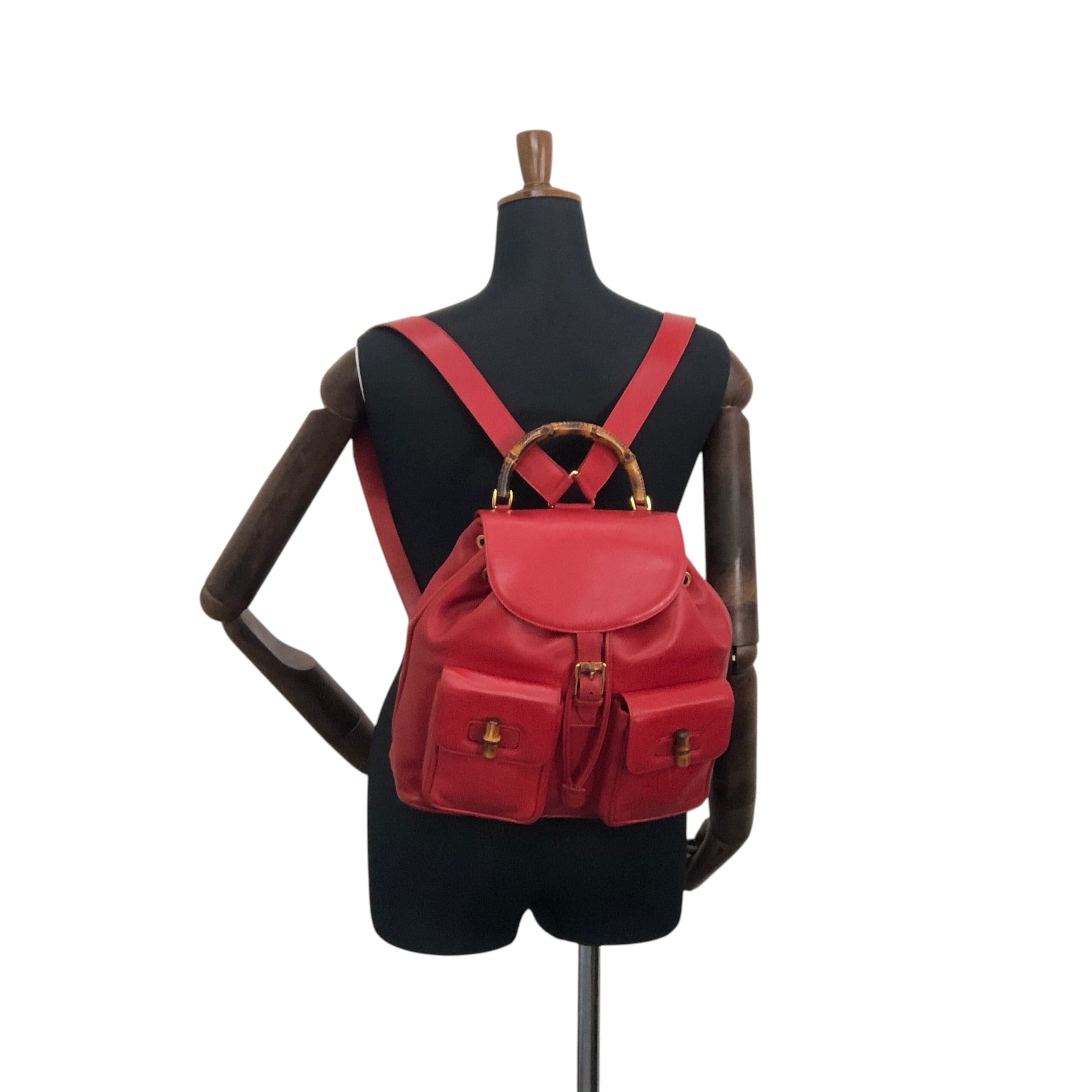 GUCCI グッチ バックパック レッド バンブー レザー ダブルポケット