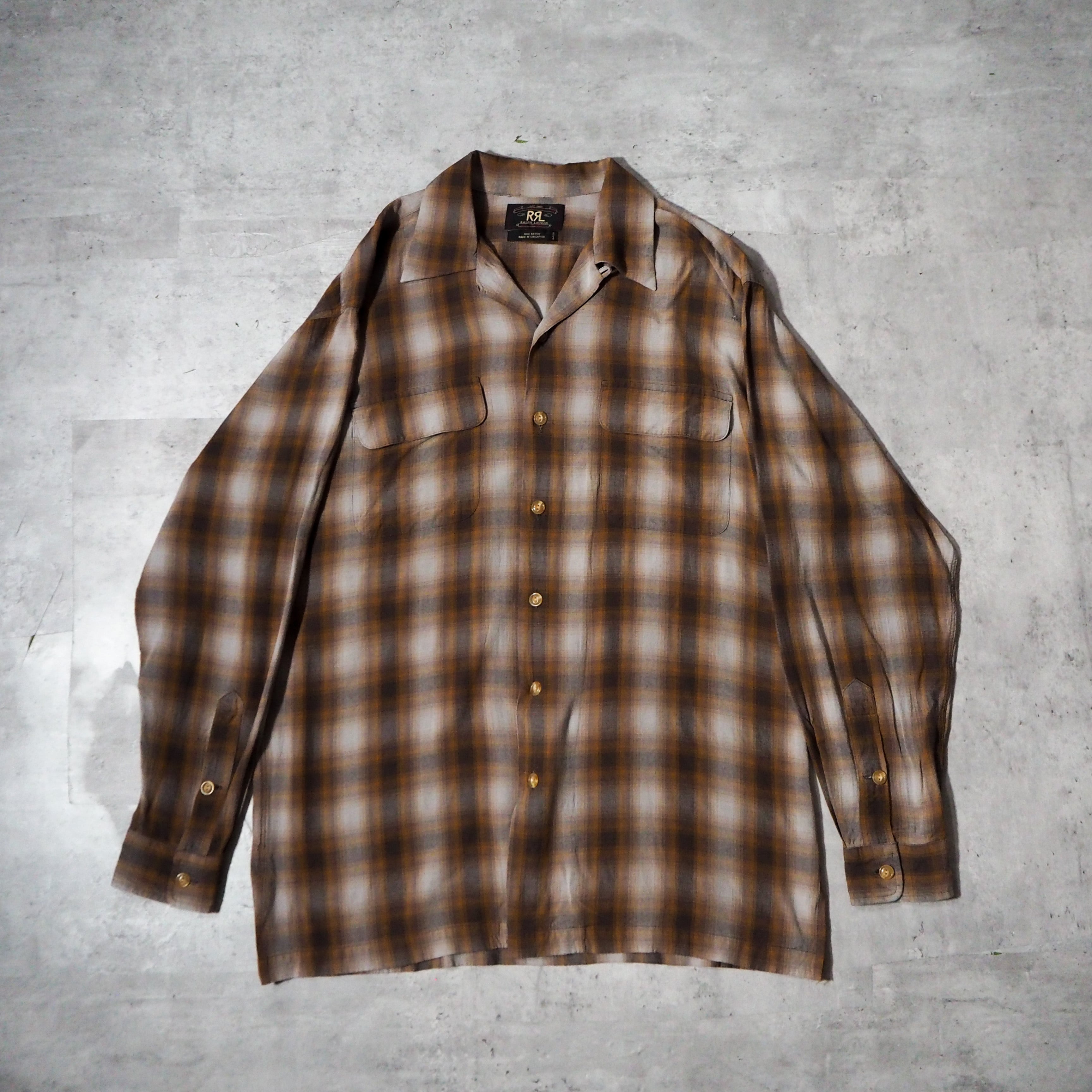 90s “RRL” ombre shadow check rayon box silhouette open collar shirt 90年代  ダブルアールエル オンブレ オープンカラーボックスシルエット レーヨンシャツ 三ツ星タグ 黒タグ