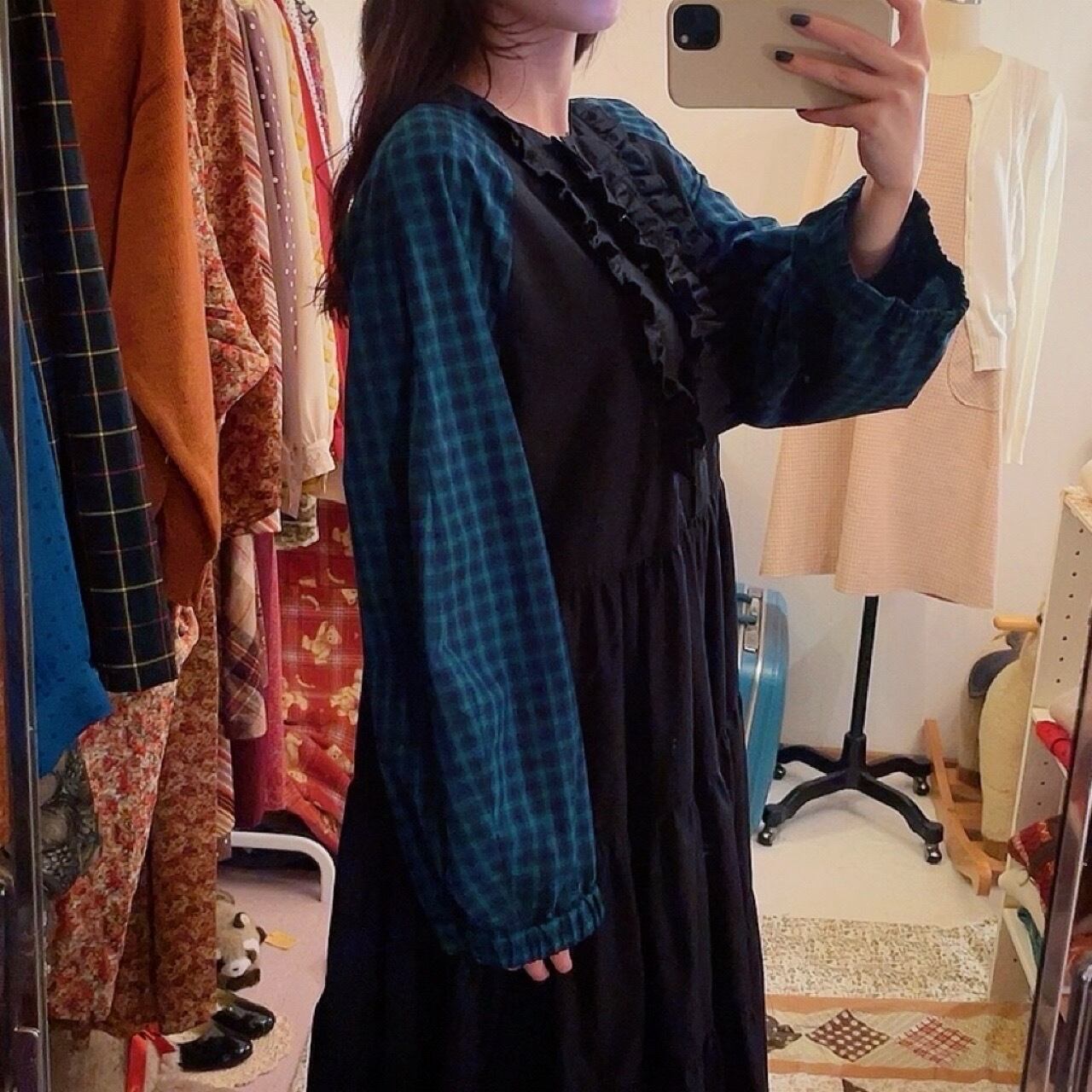 original / black × green check raglan sleeve one-piece