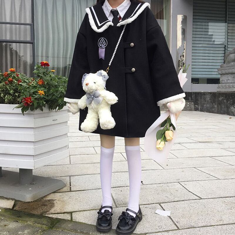 ウィンターコート ネイビーカラールーズスタイルオータムブラックレディース 秋物 冬物 萌量不足93059927456