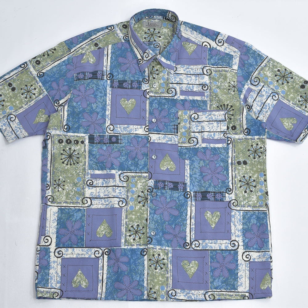 USED 古着 90s パステル半袖シャツ 80～90s 日本製 Leoz パッチワーク風 プリント 総柄 ポリエステル