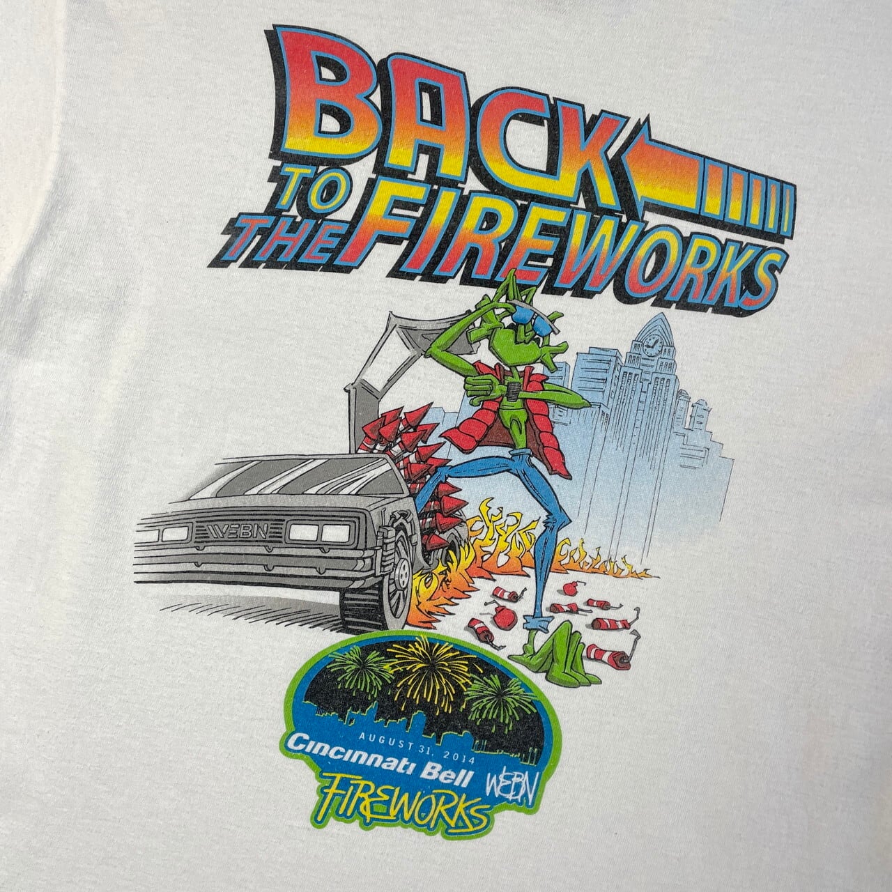 BACK TO THE FIREWORKS パロディ プリントTシャツ メンズL 古着 バック 
