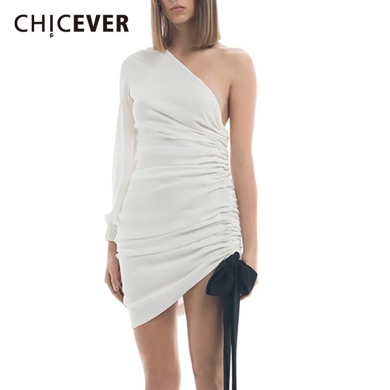 CHICEVERセクシーな非対称の女性のドレスオフショルダーウエストスリム裾包帯ボウドレス2020夏 リボン サマー 夏物 6base538686948528