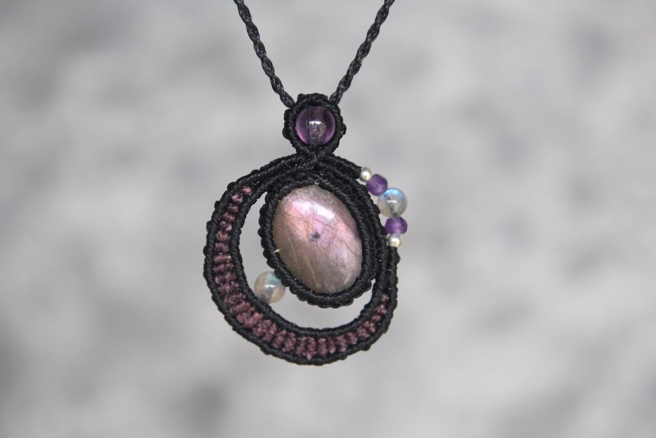 Purple Labradorite micro macrame moon pendant