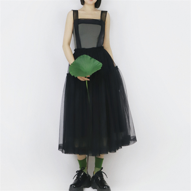 【Tea Tree】チュールフレアストラップ付きロングスカート 4color 10384