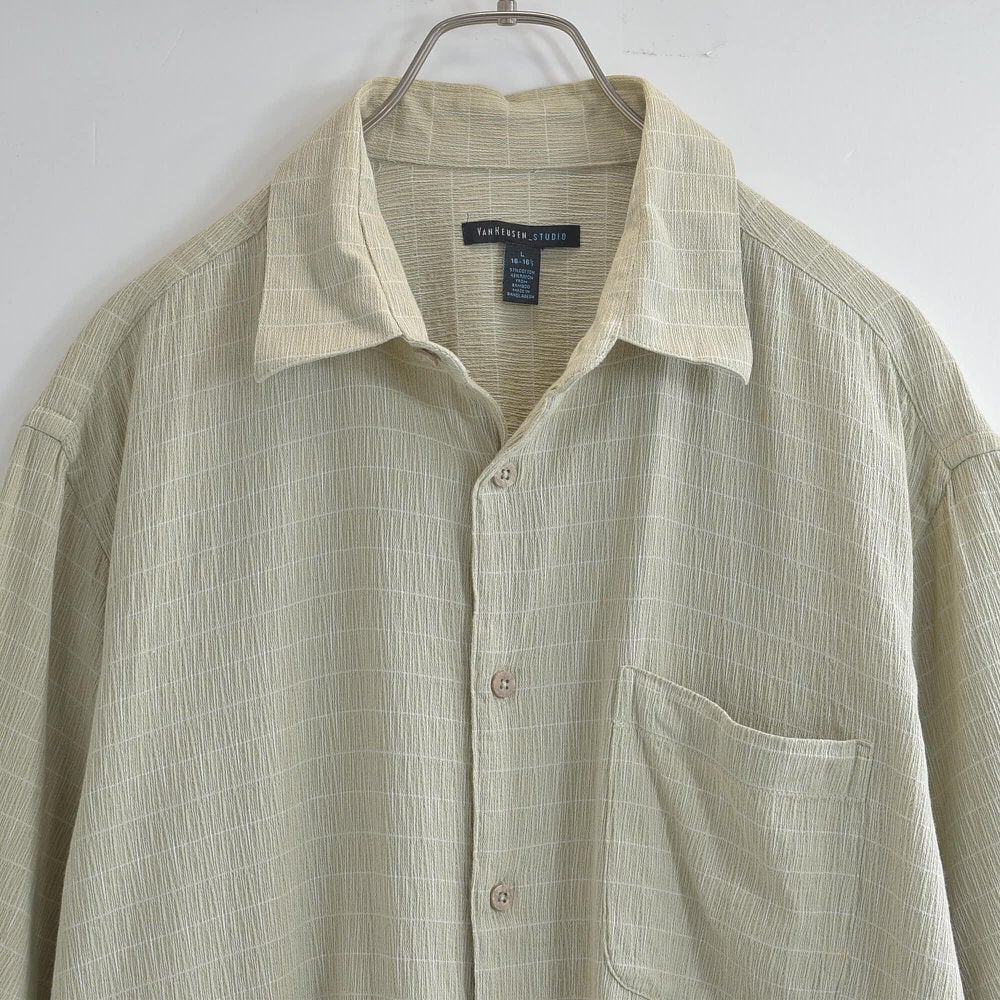 00s~ VAN HEUSEN ヴァン・ヒューゼン マスチェック 格子柄 総柄 コットンレーヨン シャツ 楊柳 クレープ素材 USA アメリカ古着 メンズLサイズ