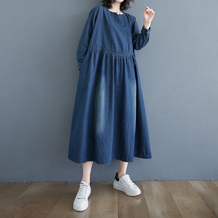 キーネックデニムロングワンピース10522