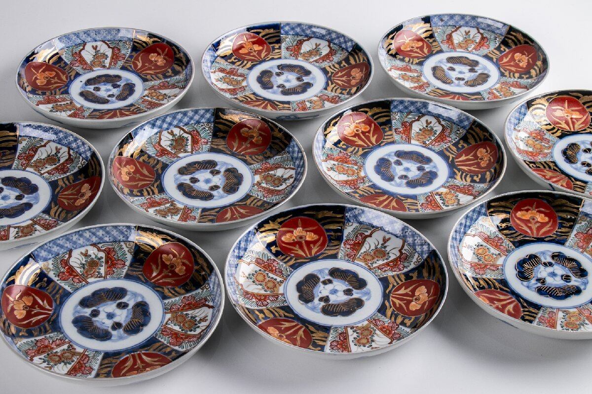古伊万里 染錦草花三友文中皿 10客 明治時代 F305B バラ売り可能です