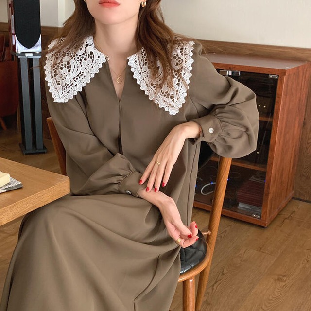 全3色 ビッグカラー レース ワンピース 袖あり ロングワンピ ミモレ丈 レディース ワンピ ドレス 長袖 きれいめ 大人可愛い カジュアル フェミニン ゆったり リラックス おしゃれ ブラック 黒 ベージュ ブラウン 春 秋 冬 代 30代 40代 50代 Like Fashion 全3色 ビッグカラー レース ワンピース 袖あり ロングワンピ ミモレ丈 レディース ワンピ ドレス 長袖 きれいめ 大人可愛い カジュアル フェミニン ゆったり リラックス おしゃれ ブラック 黒 ベージュ ブラウン 春 秋 冬 代 30代 40代 50代 Like Fashion