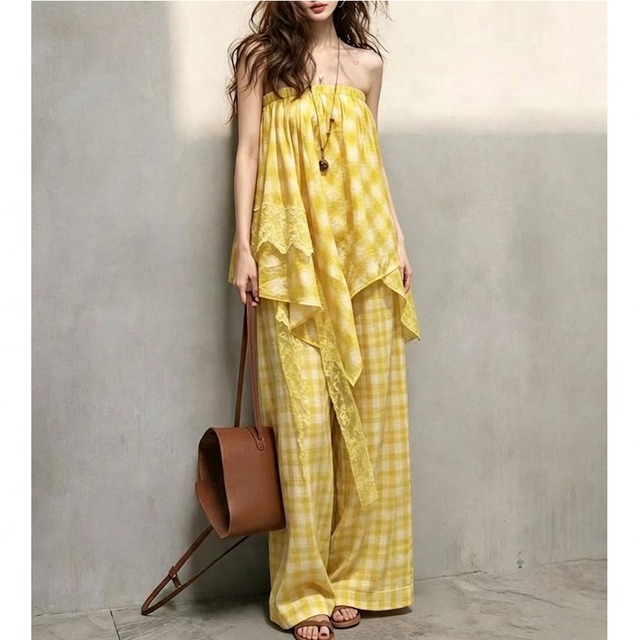 yellow plaid lace tube top set<sp3097>