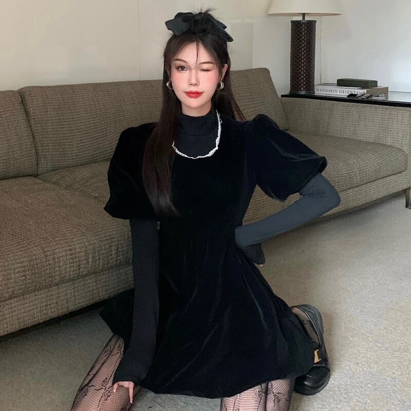 ベルベットドレス レディースオータムウィンタールーズスタンダードブラックウェストスリムシャツ レトロ 秋物 冬物 YY-ファッション158024567