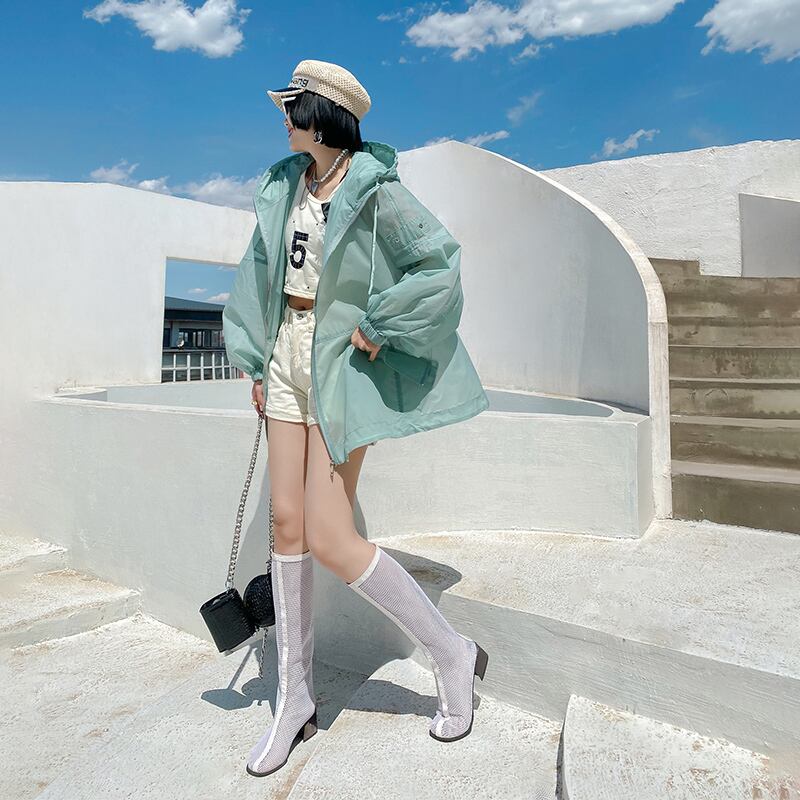 カジュアルサマールーズAラインフードジャケット ロング 大きめサイズ 夏物 ミックスインファッション3863578144