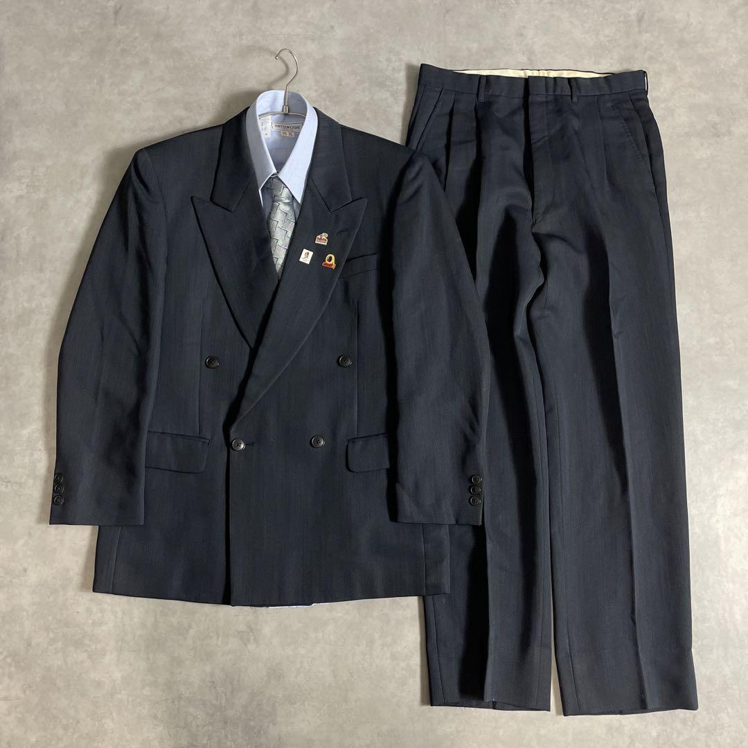 80s-90s スーツ ダブル セットアップ成人式vol.148 一点物 黒紺