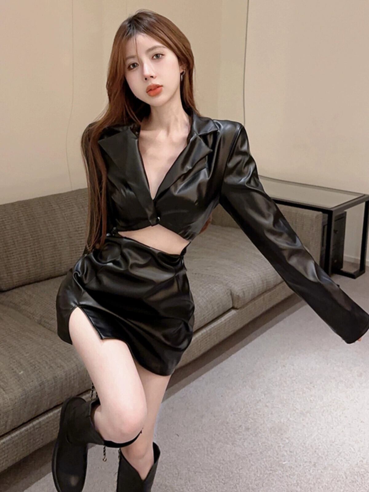 黒ラペル pu レザードレス女性へそセクシーなネクタイ長袖ショートスカート中空ウエストバッグヒップスカートタイトスカート ロング ブラック ガールズファッション53664478459