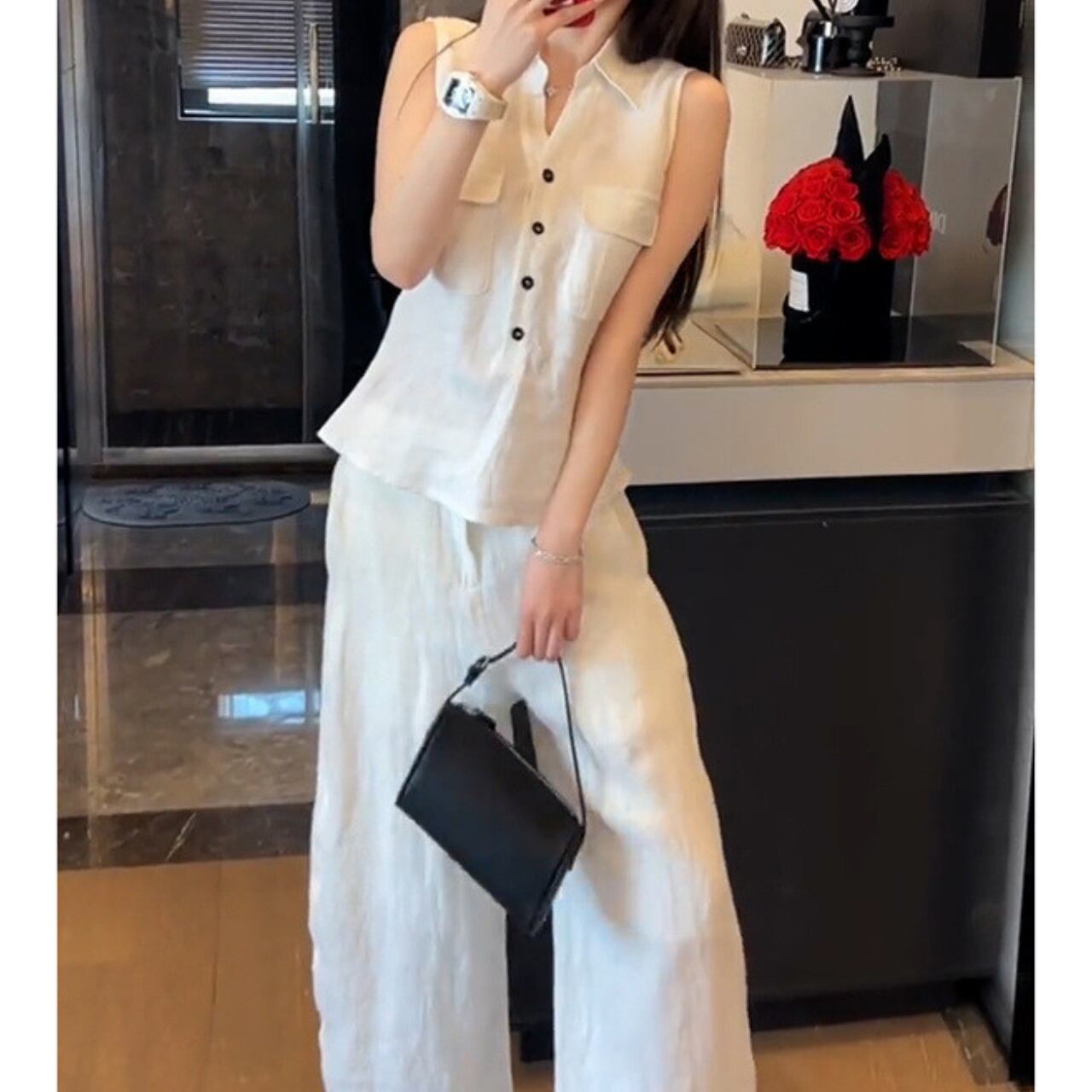 ノースリーブシャツ×ワイドパンツ セットアップ m0069