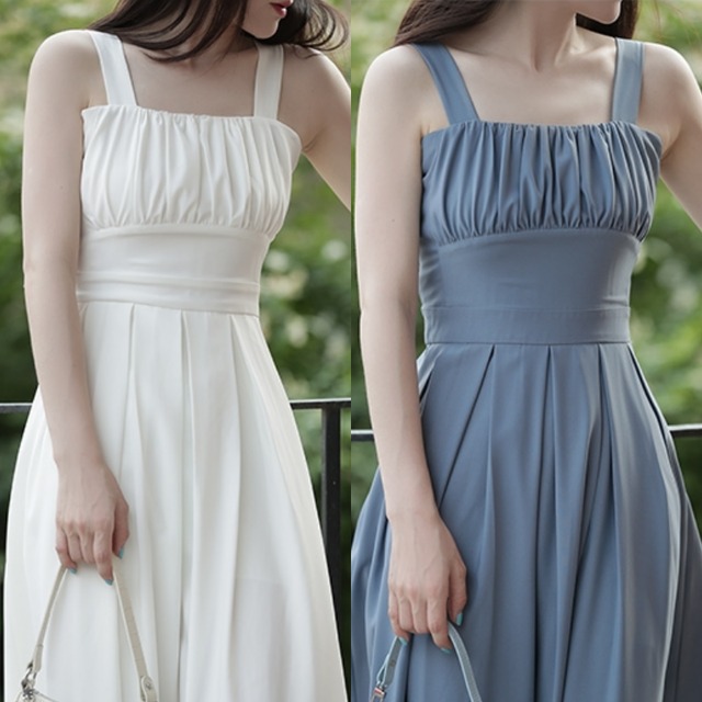 ワンピース レディース 送料無料 2色展開 フレアワンピース フレア ロング丈 ロングワンピース ミモレ丈 ミモレワンピース ホワイト ブルー スクエアネック ノースリーブ  ハイウエスト ウエストマーク 体型カバー 脚長 細見え スタイルアップ 着痩せ ギャザー 爽やか 清楚 涼し カジュアル ガーリー 抜け感 きれいめ シンプル 上品 大人女子 おしゃれ お洒落 こなれ感 キュート モダン ラフ 無地 単色 春服 夏服 デート おでかけ 特別な日 休日 リゾート 普段使い 重ね着 10代 20代 新作