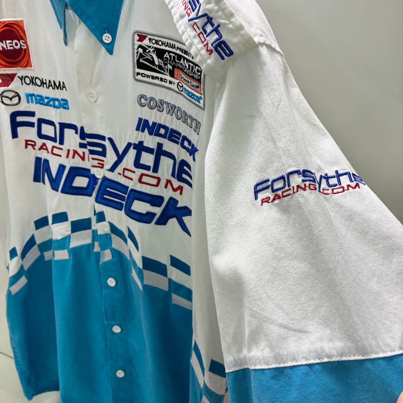 Forsyth Racing ワークシャツ 白×水色 フルデコ 刺繍 ピットクルーシャツ