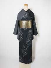 【即納レディースMサイズ 】仕立て上がり 袷「片身変わりアカンサス更紗×変わり縞」　[B1141]