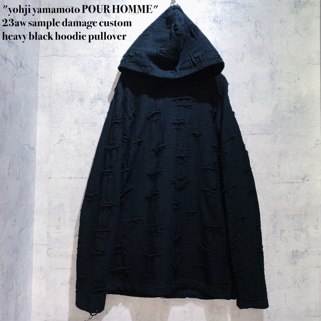 "yohji yamamoto POUR HOMME"23aw sample damage custom heavy black hoodie pullover