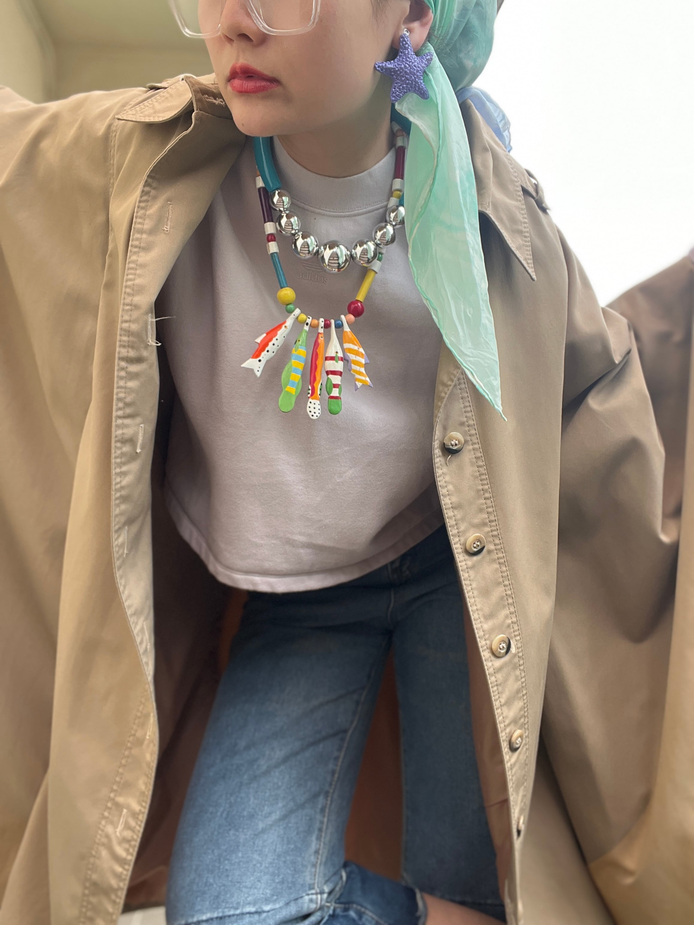 70s-80s multicolor fish handpaint wood Necklace ( ヴィンテージ