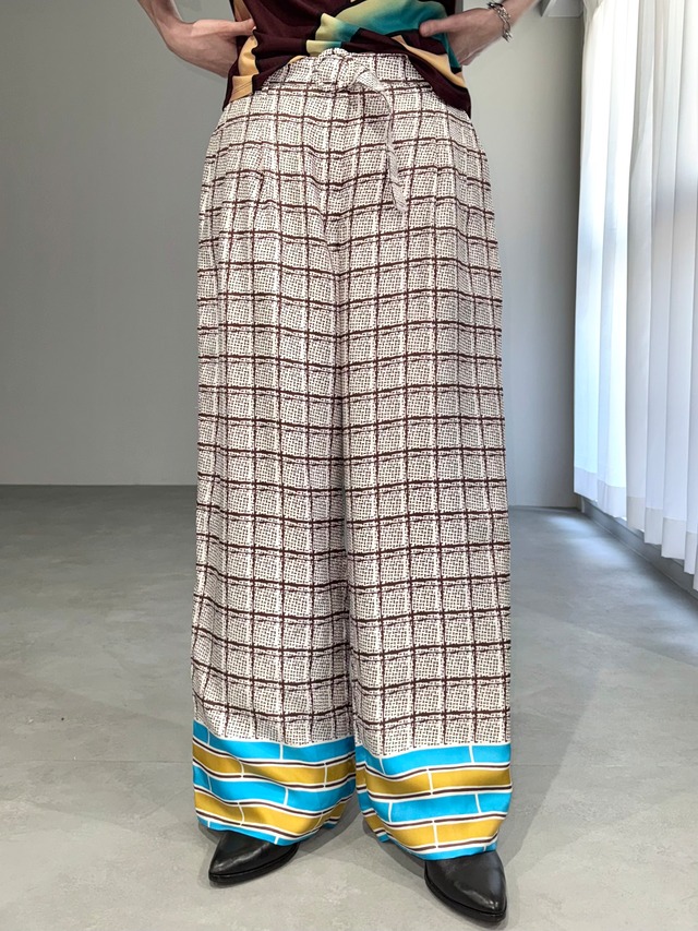 check switching belted wide pants / white × brown × blue