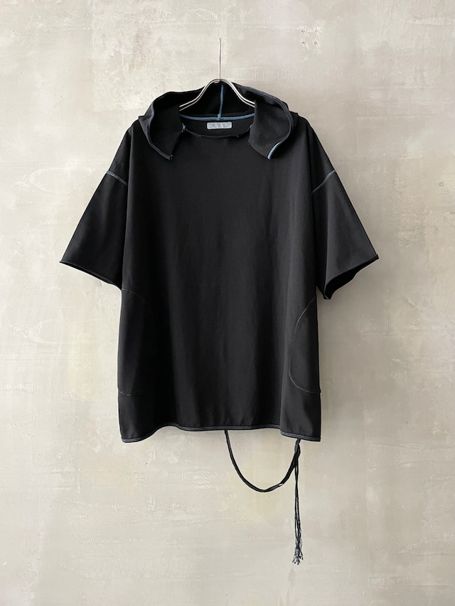 TrAnsference high density jersey dangling cord hem half sleeve hoodie - complete black garment dyed effect