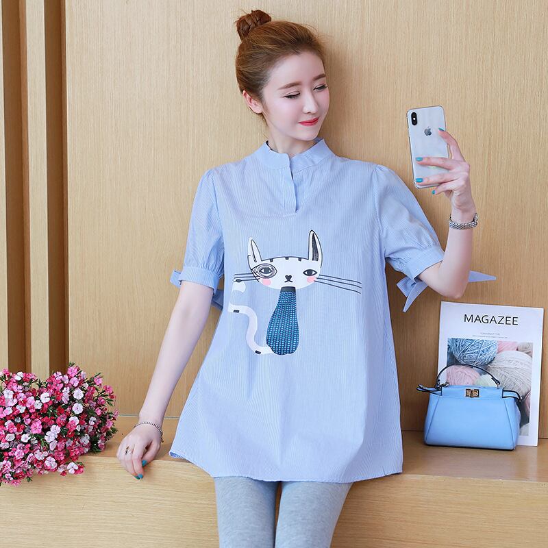 【新作】【送料無料】 マタニティウェア2019夏の新しいファッション漫画半袖マタニティブラウス、子猫スタンドアップカラールーズマタニティシャツ-アリババ サマー 夏物 expec22870702614