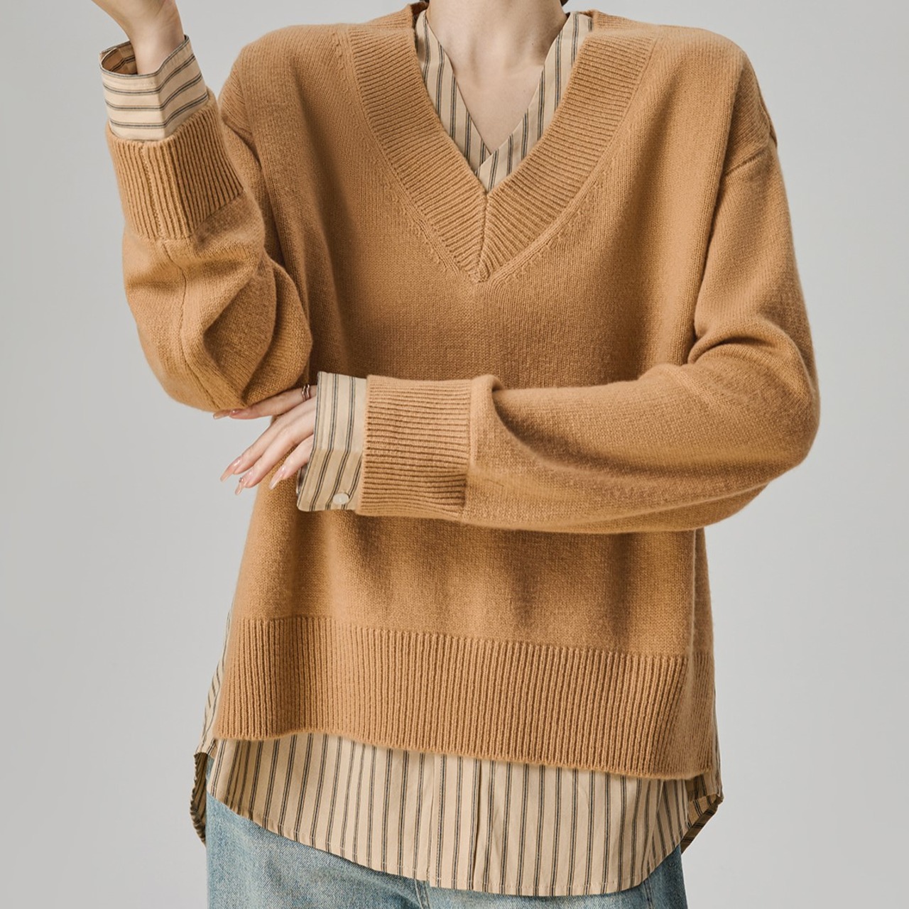 ベージュストライプパッチワークニット H0061