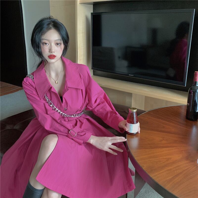 ヘップバーンスタイルウエストミドル丈ウインドブレーカーレディース2020年秋冬新作スタイルルーズ膝上スモール気質コート ブラックストロベリース40180938605