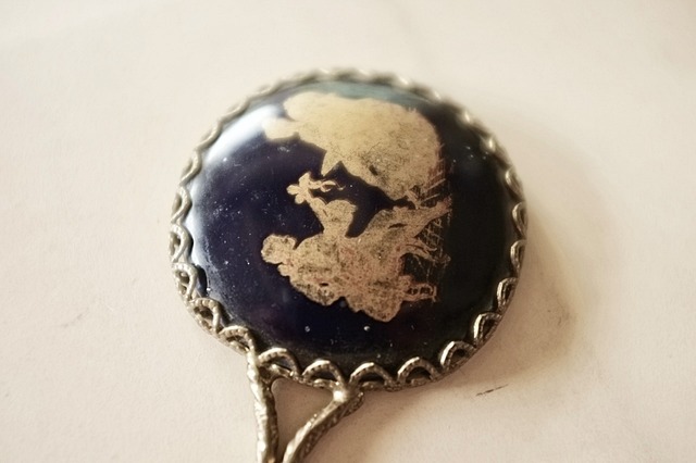 フランス 濃密なペルシャンブルーに漂う紳士淑女の手鏡 ヴィンテージ