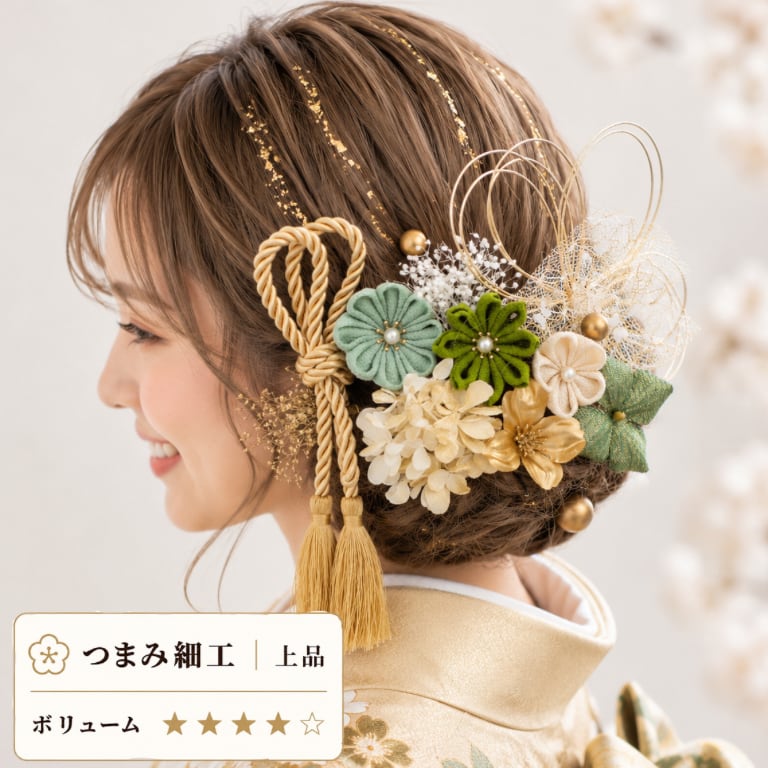 A412 つまみ細工 髪飾り 緑 卒業式 袴 結婚式 ドライフラワー 成人式