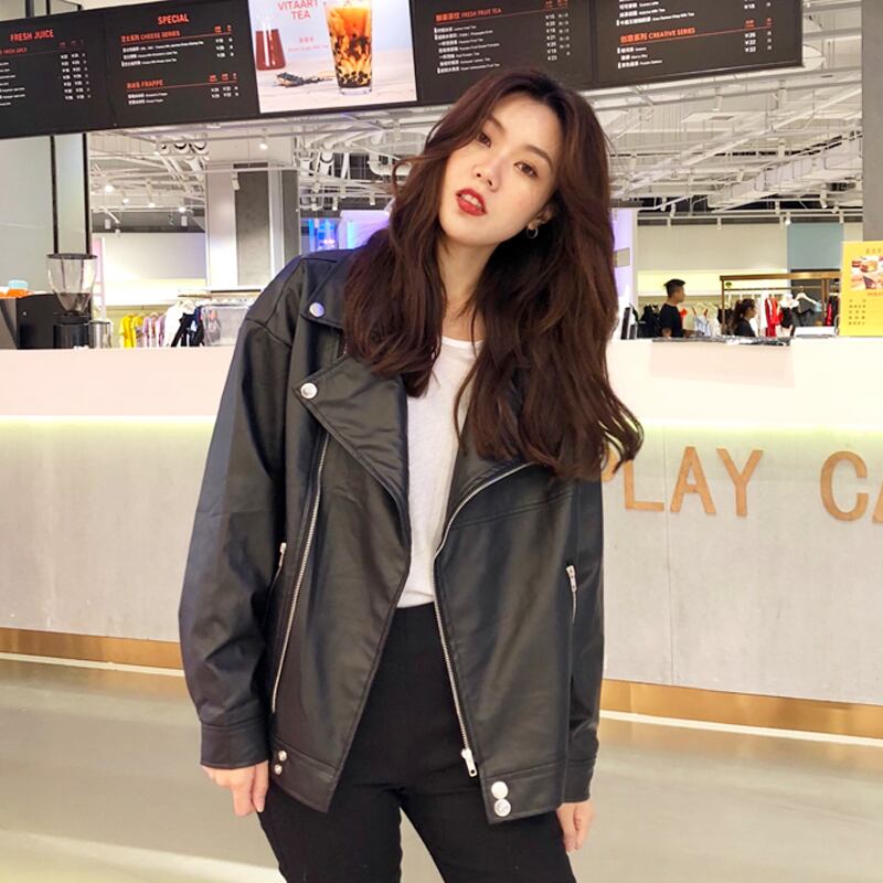 ブラックレザージャケット スプリングオータムスタイルルーズ 春物 秋物 試着室31786578169