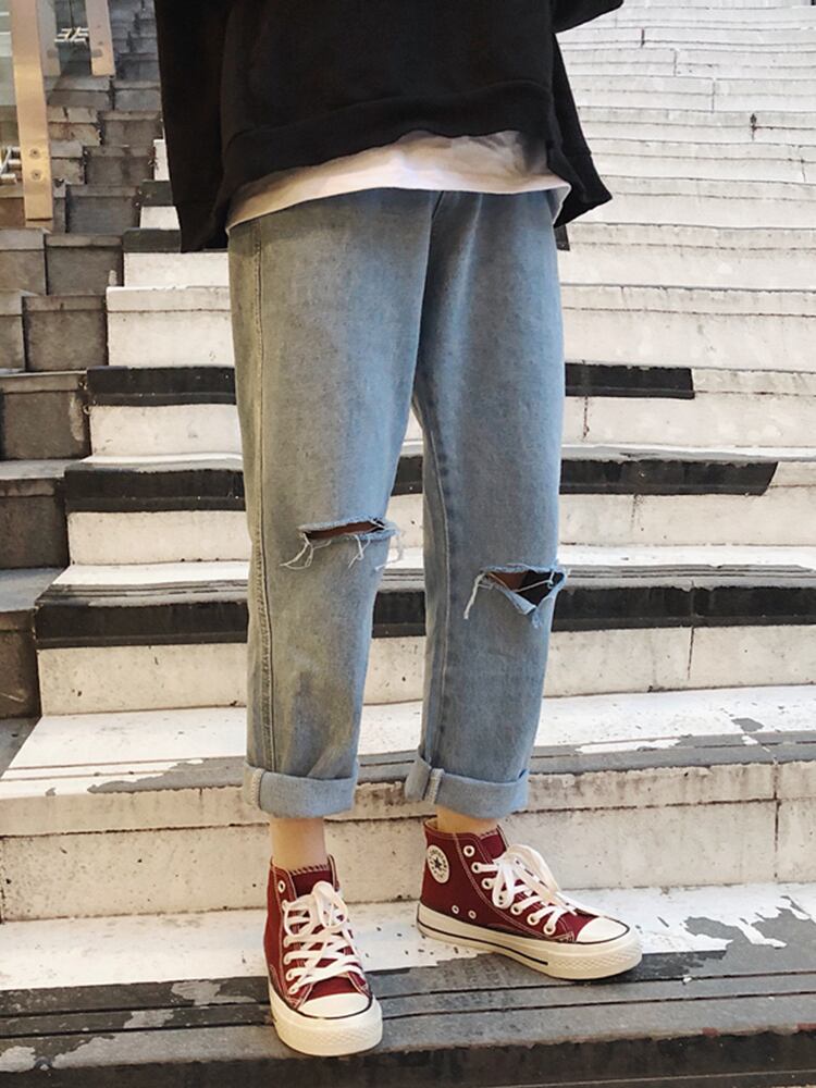 全1色 デニム パンツ ストレート カジュアル ダメージ おしゃれ