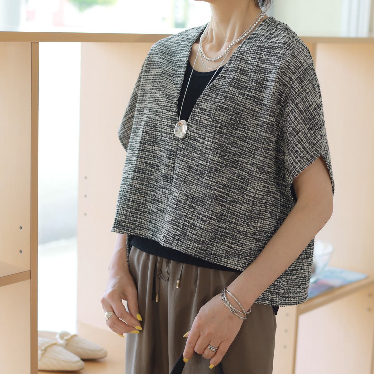 siro de labonte (シロ デラ ボンテ) エアリーツイードジャージ Vネック ルーミー ジレ