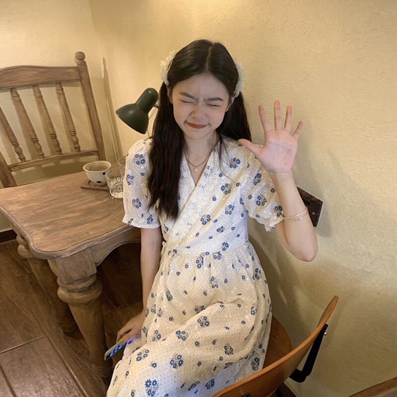 Vネックフローラルドレス サマースタイルレースウェストロングスカート 夏物 花柄 スーパーモール43301777402