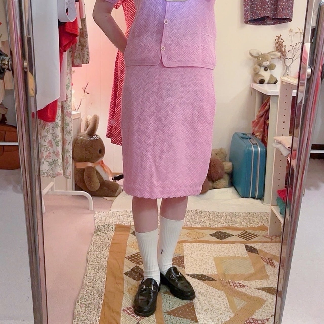 carnation pink hand knit set up