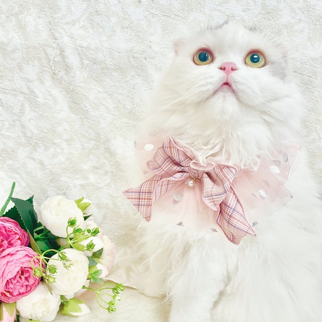チェックリボンチュール　猫　エプロン　付け襟　