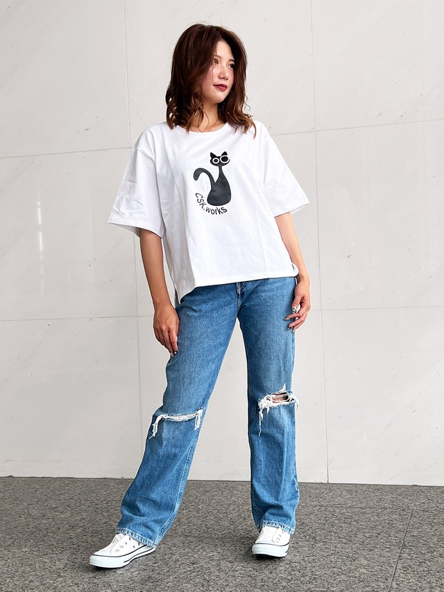 オリジナルTシャツ　B-CAT  オープンエンド マックスウェイト ウィメンズ オーバーTシャツ　ホワイト