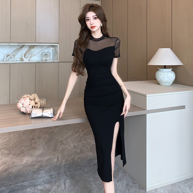 膝丈ドレス レディース ハイネック シアー半袖 ウエストシワ加工 サイドスリット タイト ブラック パーティー ビジネスDQ2-WDS3815