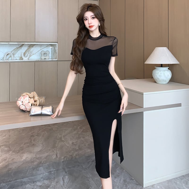 膝丈ドレス レディース ハイネック シアー半袖 ウエストシワ加工 サイドスリット タイト ブラック パーティー ビジネスDQ2-WDS3815