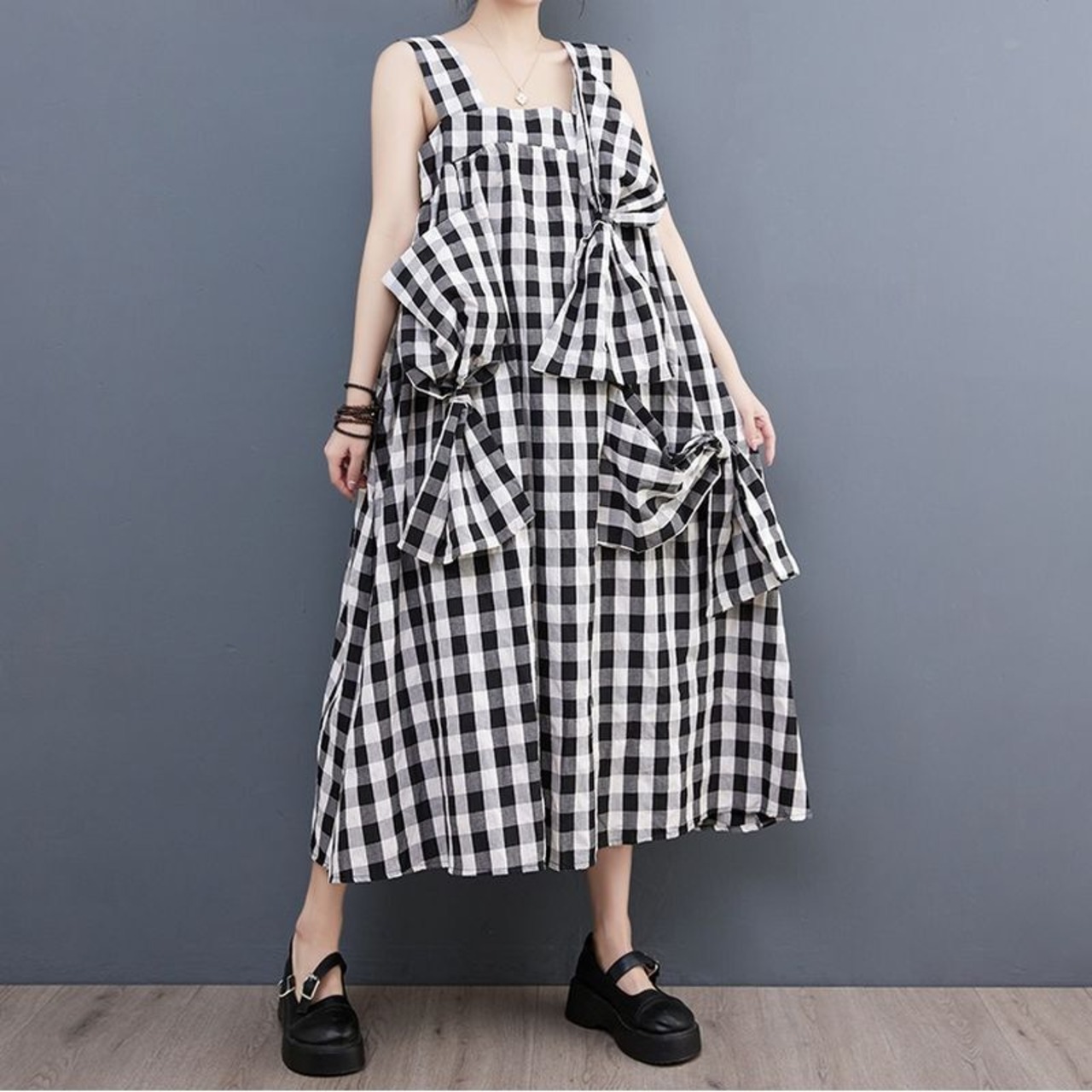 ギンガムチェック リボンディテール ワンピース  30080