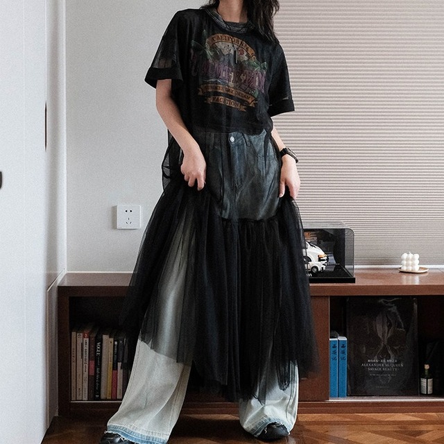 tulle tiered sheer mesh long one-piece　2litr06289