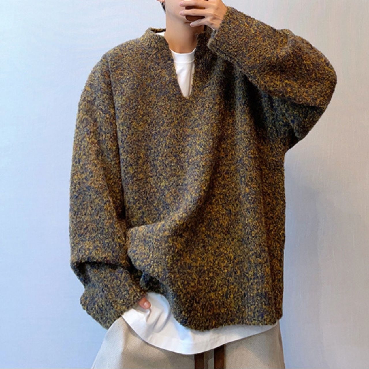 カラーミックスV ネックオフショルダーニット　1043