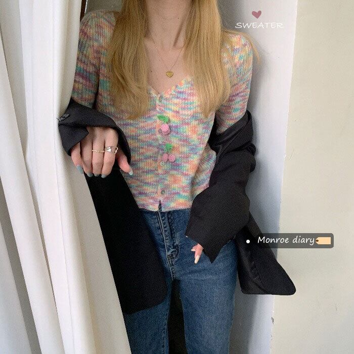 Vネックカーディガンセーター レディースルーズニットオータムウィンタースタイルシャツ ショートトップス コート 秋物 冬物 モンロー71083386513