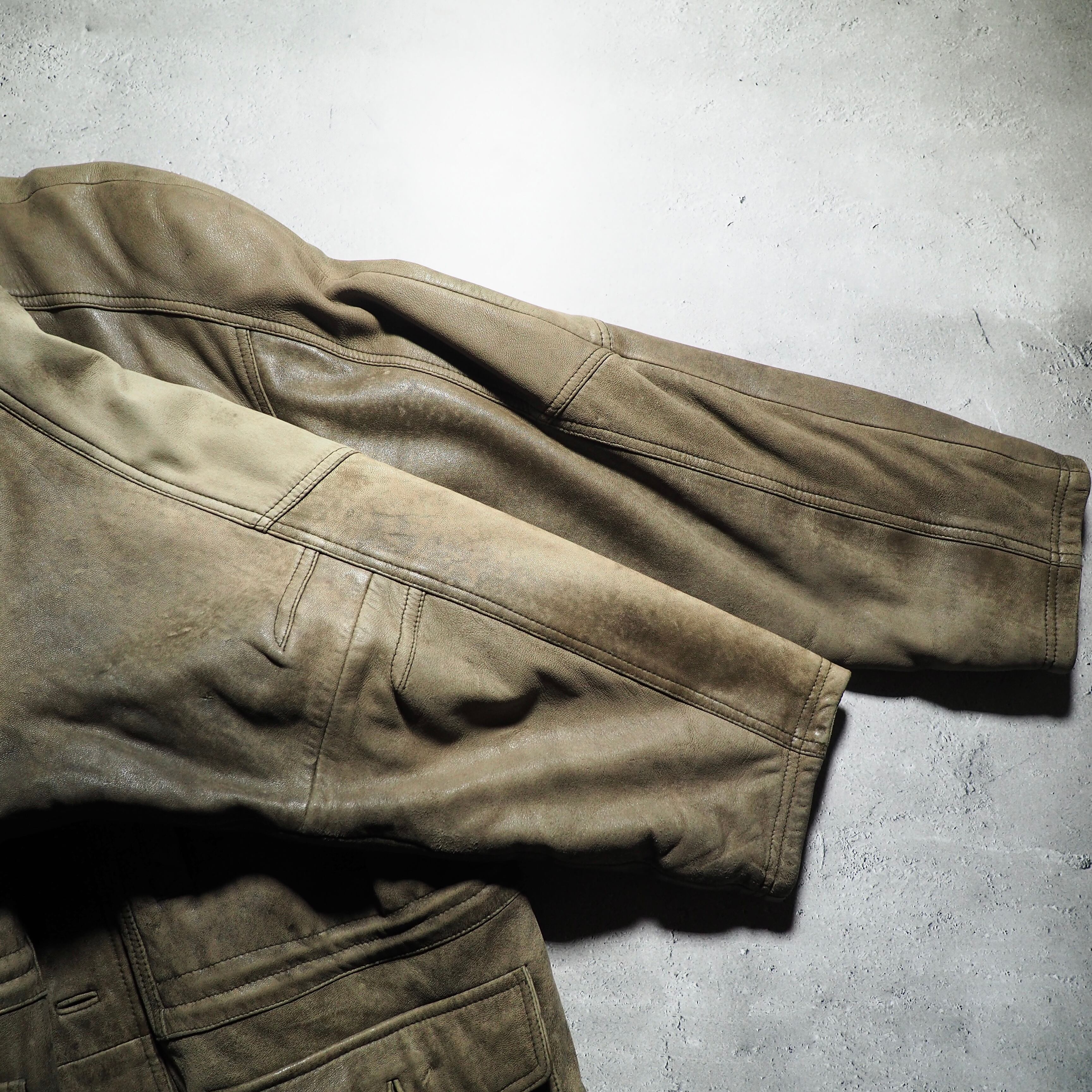 ” Deformation - 変形 ” Beautiful aging Fade color vintage loose sheep leather jacket
